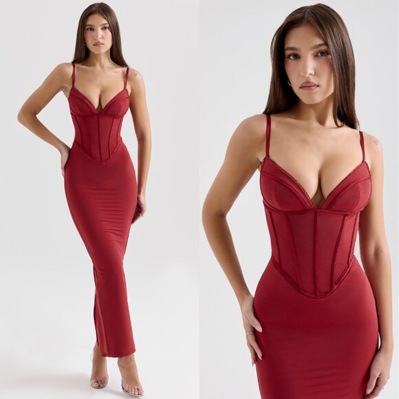 House of CB NWT Red Romy Mesh Corset Bodycon Maxi Dress SMALL REG CUP - Picture 3 of 12